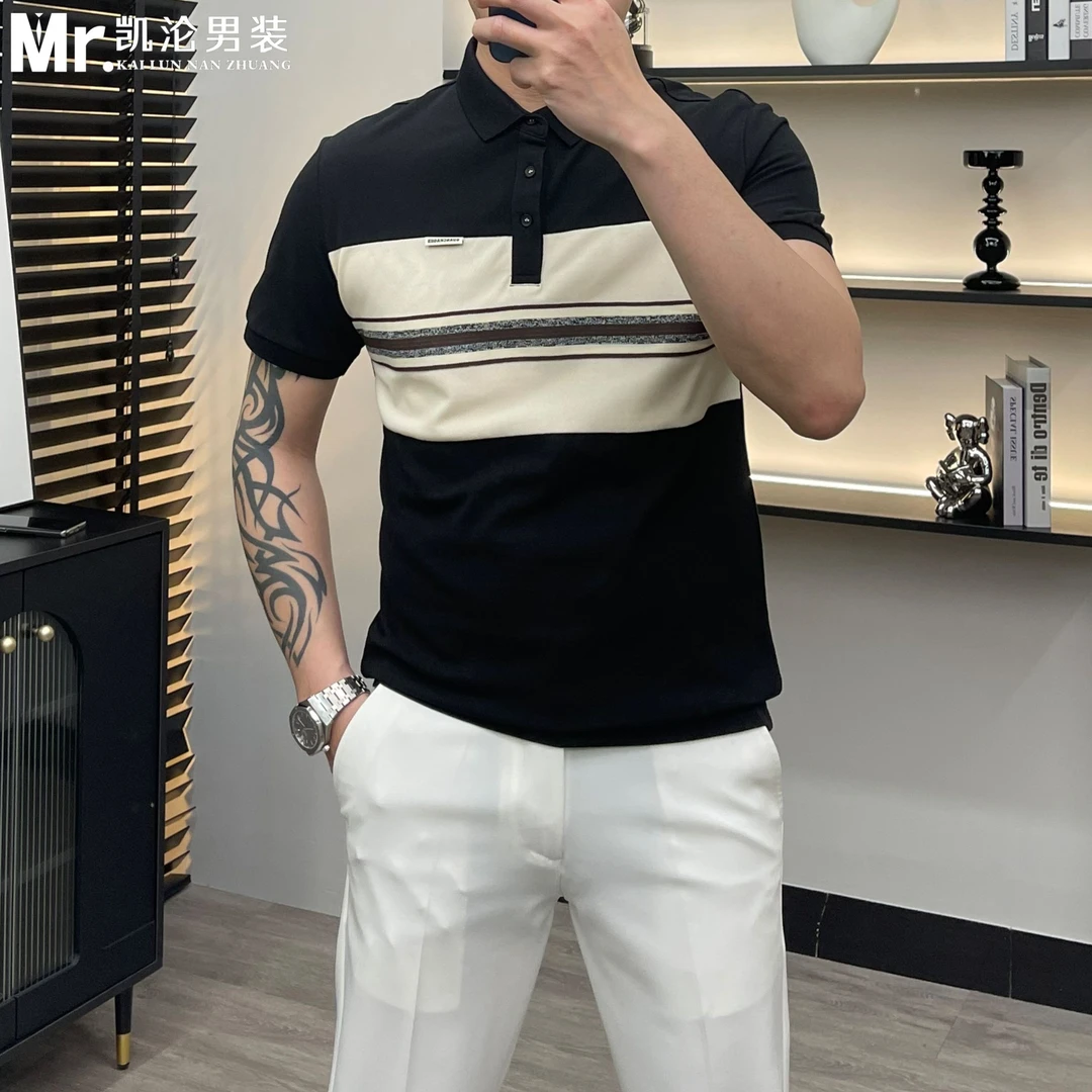 2025新款夏季男士商务休闲修身舒适透气百搭撞色POLO上衣翻领短袖