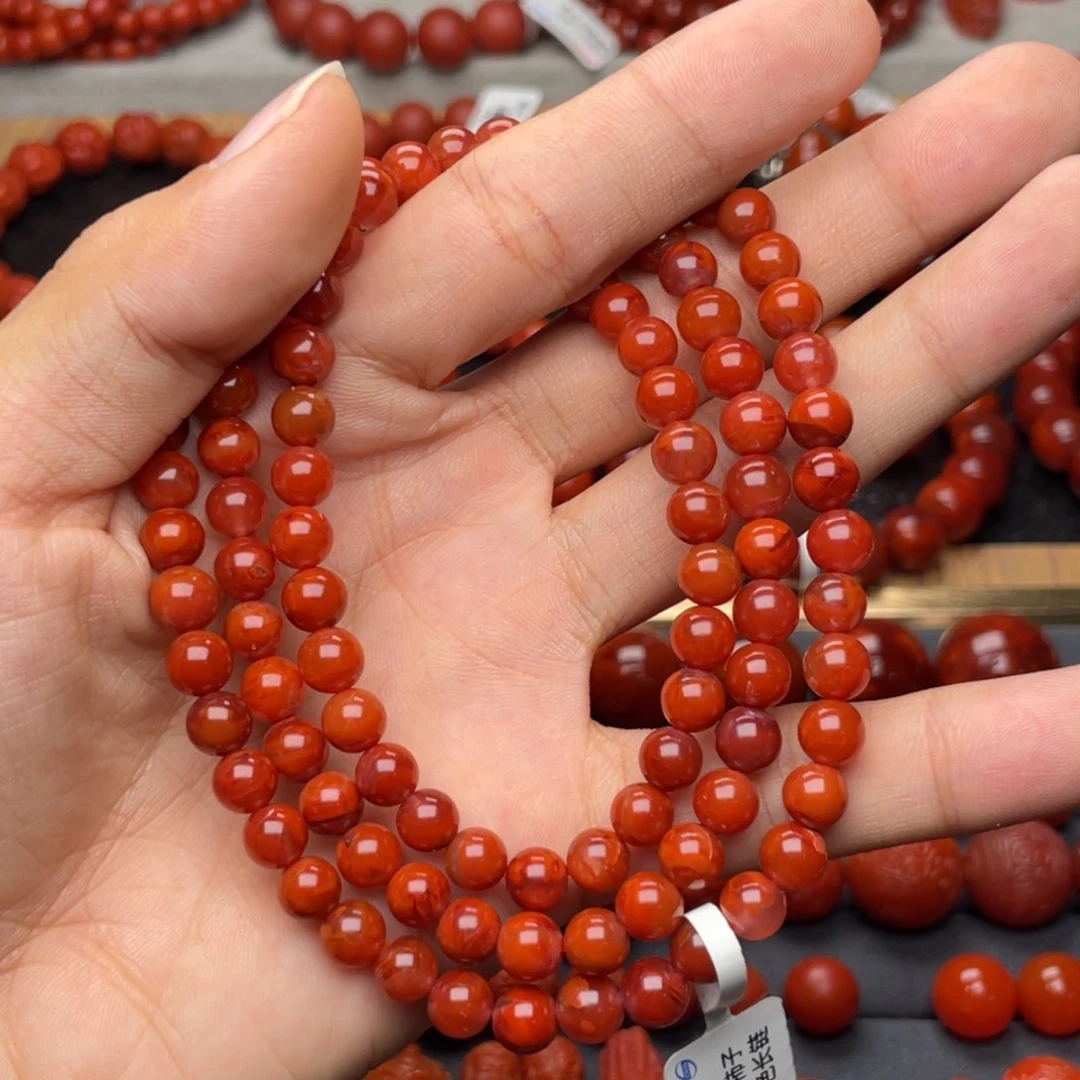 南红玛瑙未镶嵌手串H6.8mm顶品瓦西柿子牛血红双色长链