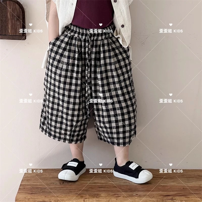 【歪歪妞童装】35150儿童复古森系宽松格子七分裤男女童棉麻防蚊裤