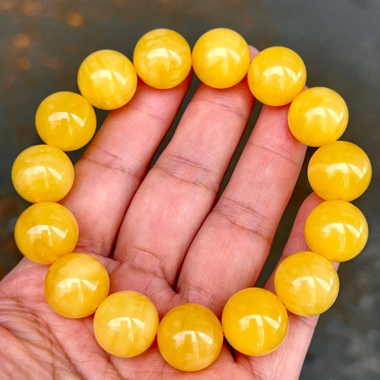 14mm天然琥珀蜜蜡鸡油黄圆珠手串满蜡无优化