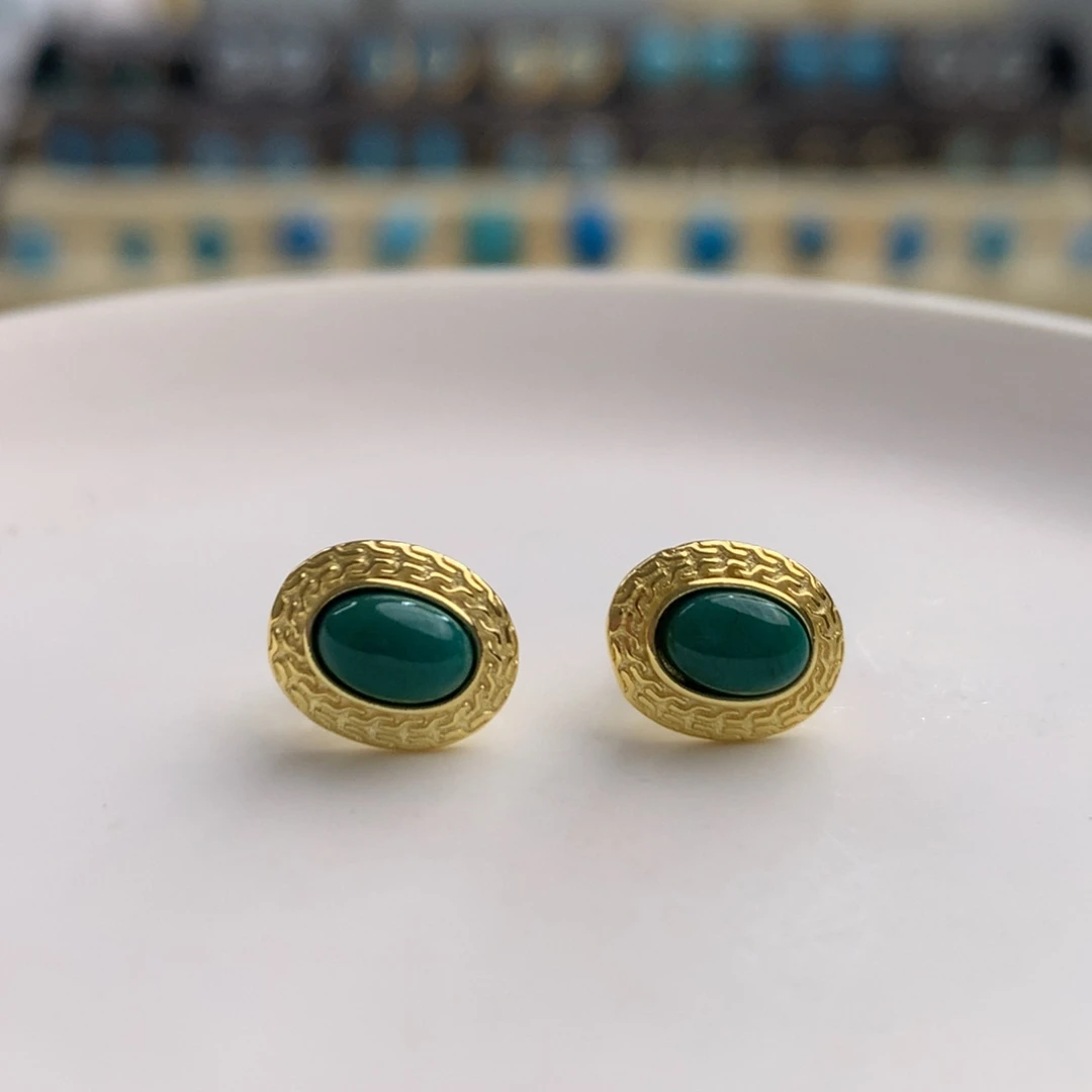 银S925镀金镶嵌绿松石耳钉