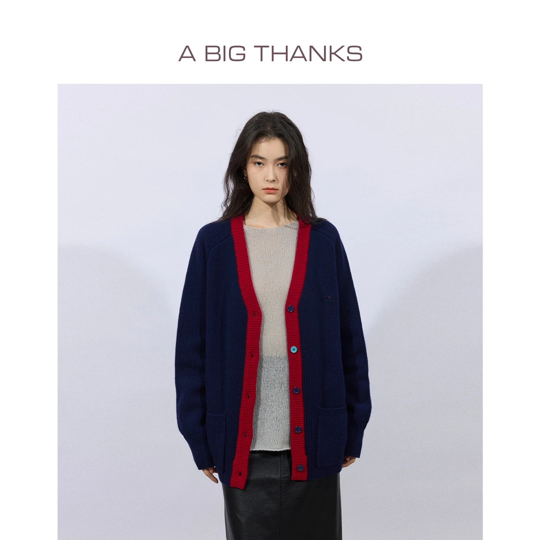 ABIGTHANKS羊毛撞色V领针织衫2025秋季新款毛衣ABT508L13ZZ5092