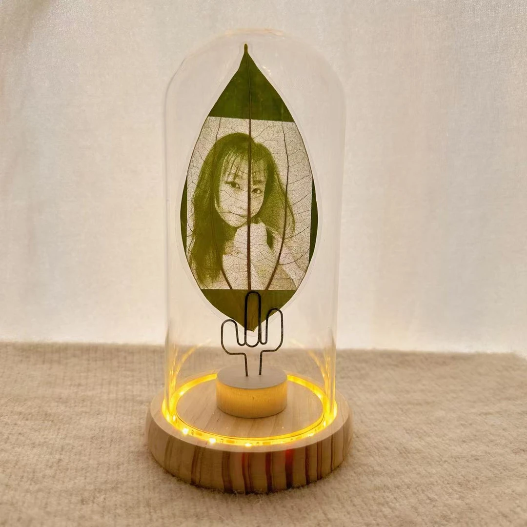 照片定制树叶雕刻玻璃罩透明画框带灯摆台明信片树叶雕刻生日礼物