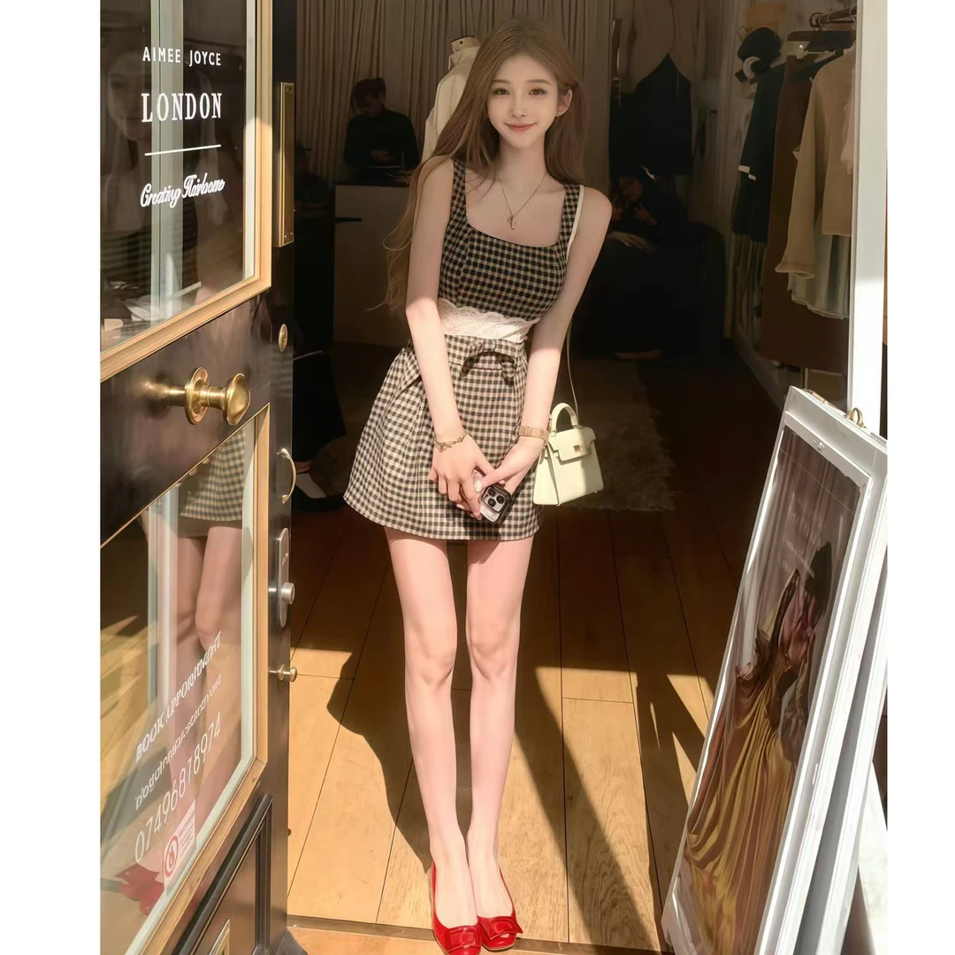 美式赫本名媛千金方领格子连衣裙女夏设计感拼接蕾丝蝴蝶结短裙子