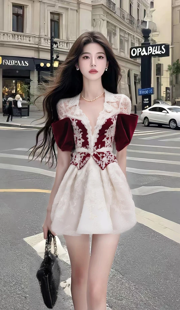 白色撞色新款辣妹纯欲短款时尚气质连衣裙小众设计感显瘦收腰个性