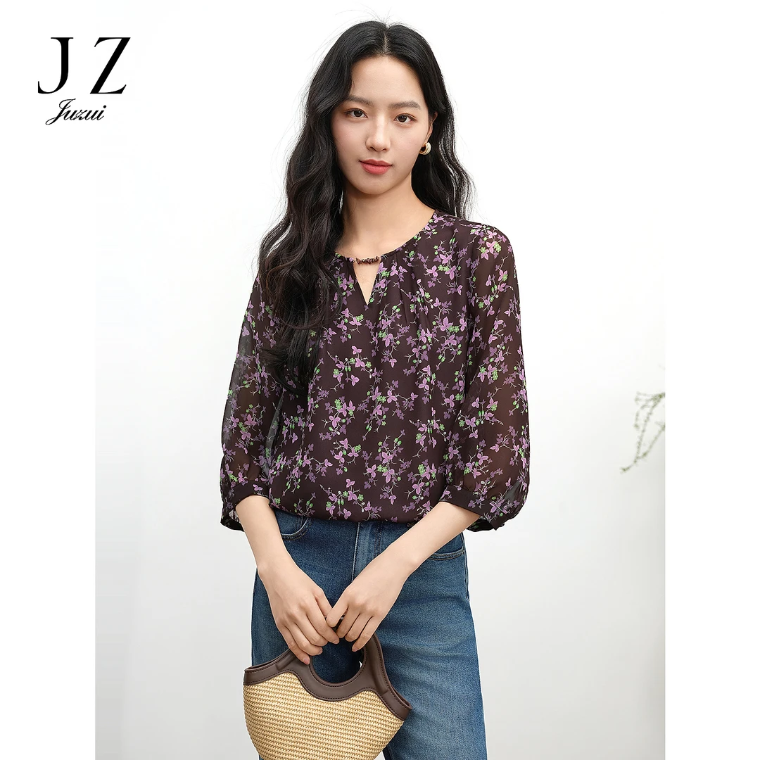 JUZUI玖姿JTFX80303美拉德雪纺印花单上衣女夏季
