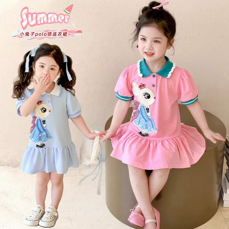 女童夏季新款兔子卡通翻领洋气公主连衣裙小兔子POLO领连衣裙子