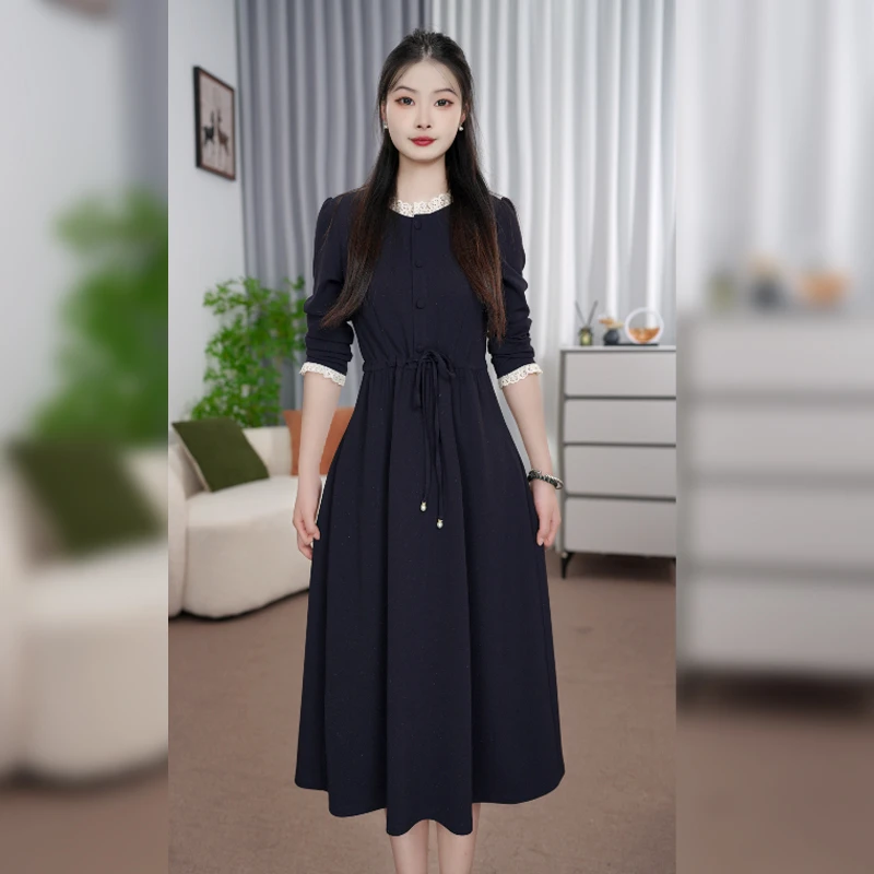 #CL018.25秋季新款时尚简约长袖连衣裙妈妈气质收腰显瘦百搭裙子