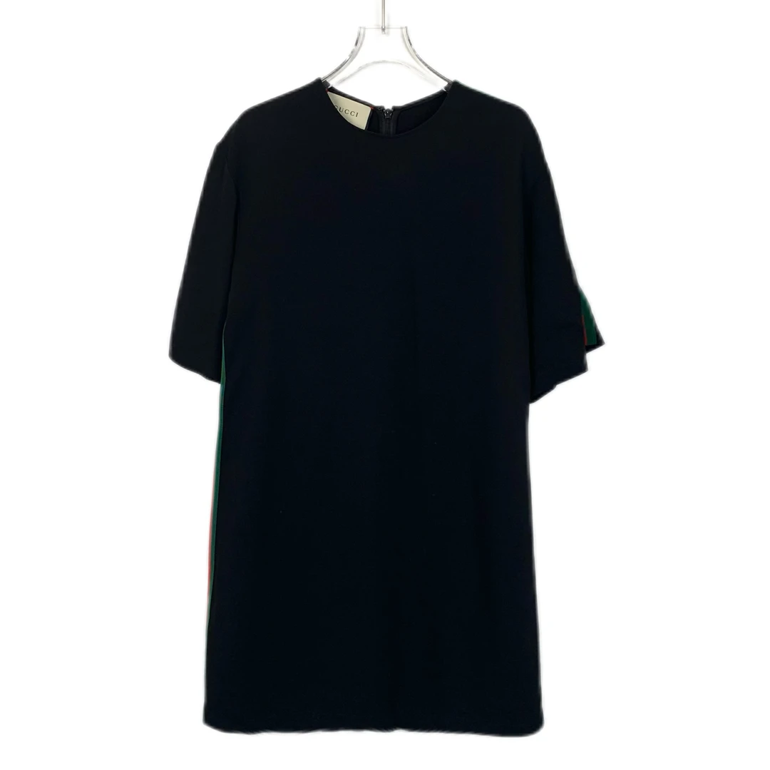 95新 GUCCI/古驰 X13799  黑色侧条纹织带短袖连衣裙 36 XS码