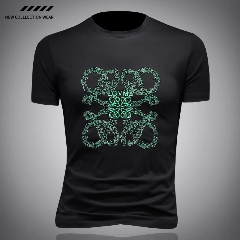 轻奢痞帅男装潮牌字母刺绣短袖t恤高级感修身夏季圆领2025夏新款