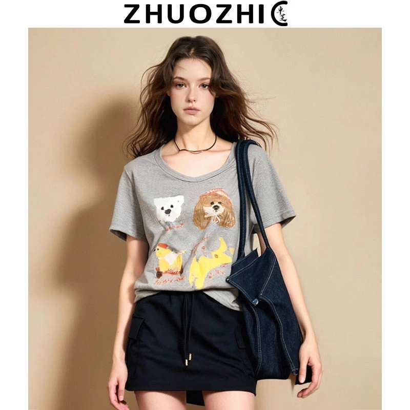 卓芝法式设计感萌宠卡通印花U领短袖T恤2025夏季新款宽松百搭上衣