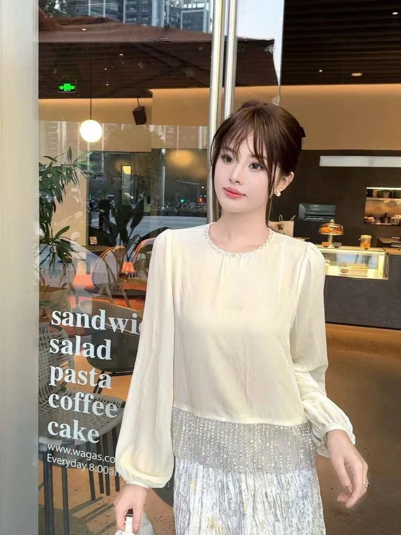 法式气质宽松百搭拼接亮片流苏钉珠圆领泡泡袖衬衫女上衣