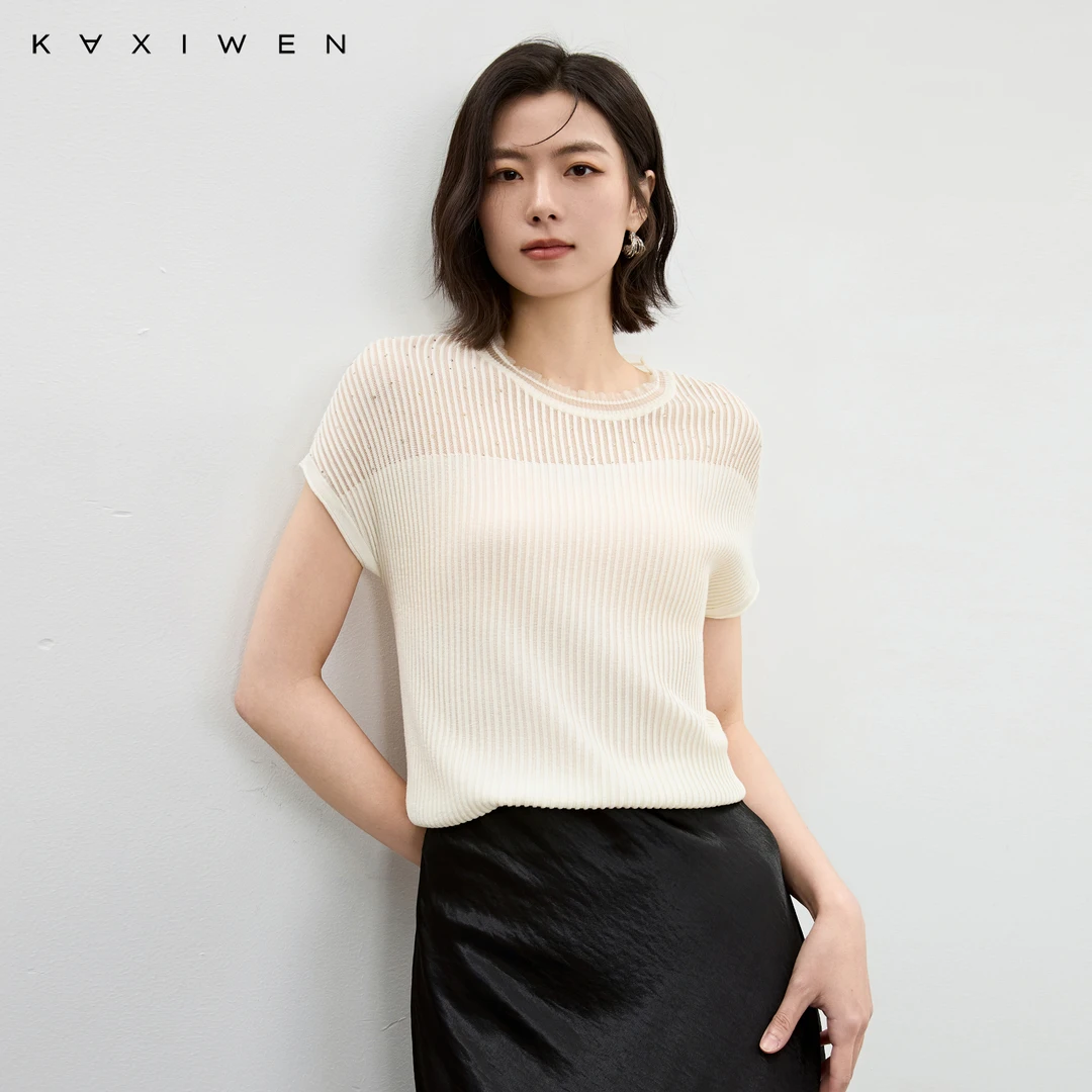 佧茜文斜纱烫钻针织衫【夏新】优雅层次拼接美感圆领上衣D03CZW6512