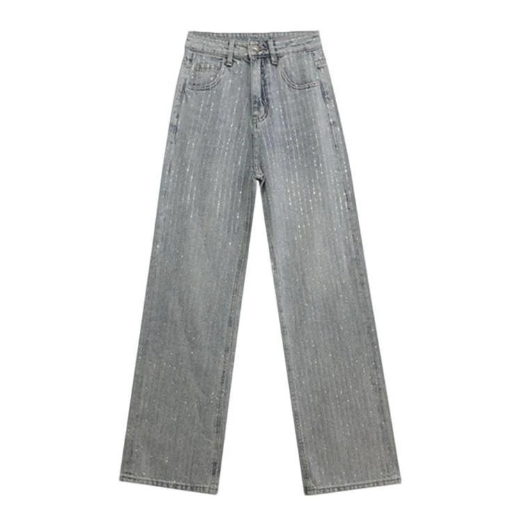 雾霾蓝 重工烫钻 窄版直筒牛仔裤