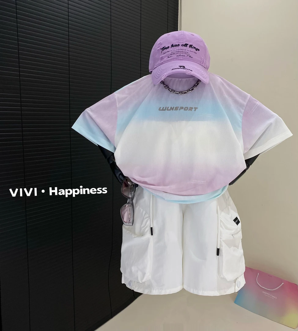 VIVI童装 2025夏季潮牌中大童彩虹渐变速干衣透气宽松短袖T恤