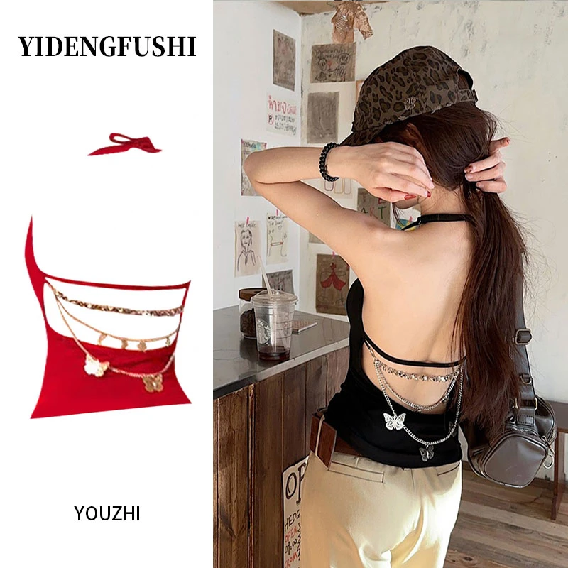 2025辣妹露背挂脖小背心蝴蝶链条美背新款修身显瘦纯欲百搭女上衣