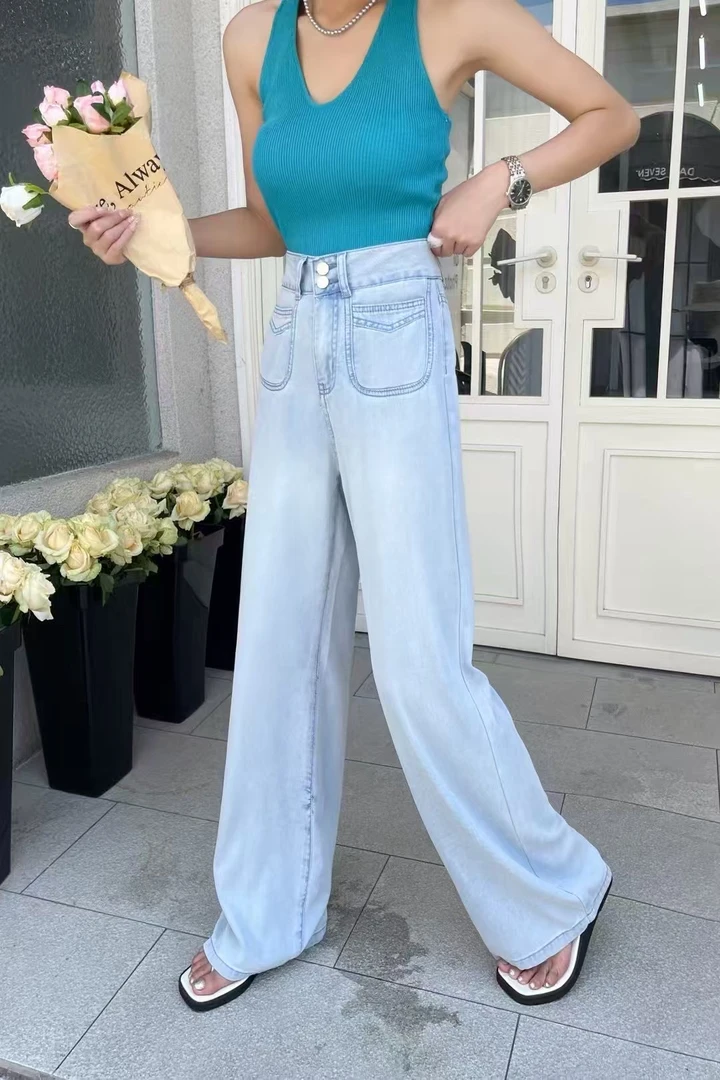 浅色高腰阔腿牛仔裤春秋新款垂感慵懒风女装