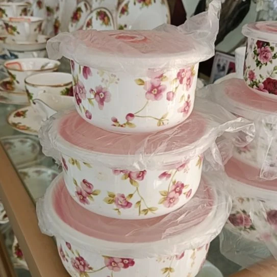 新疆西藏包邮桃花骨质瓷三件套保鲜碗