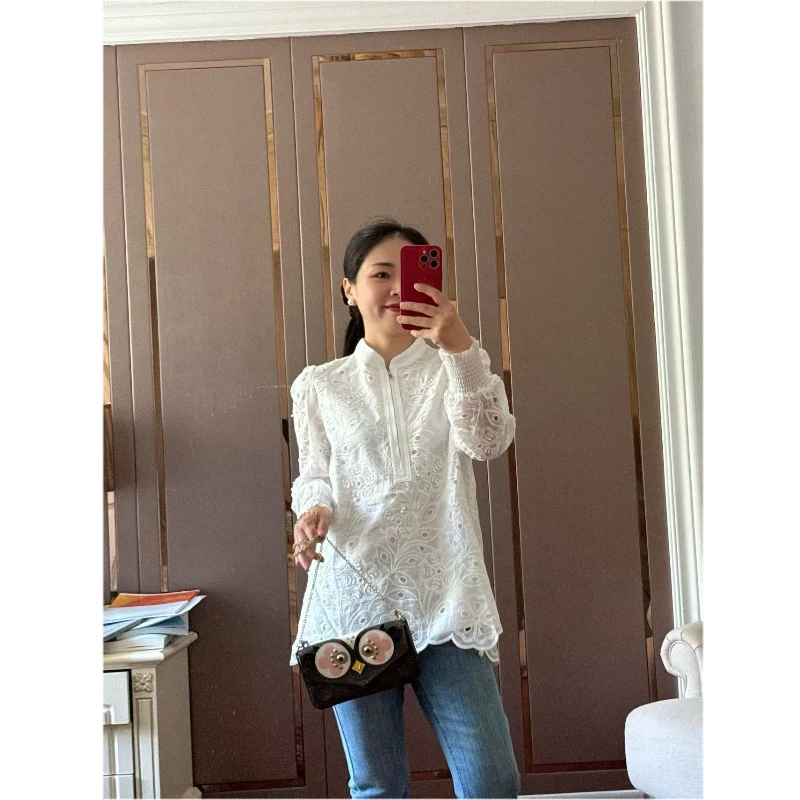 【若衣】雾里看花·法式水溶蕾丝钩花半拉链波浪边长袖衬衫250110