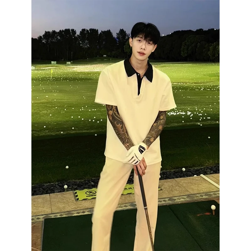 斌子同款假两件短袖polo衫男夏季半拉链翻领正肩t恤痞帅情侣半袖