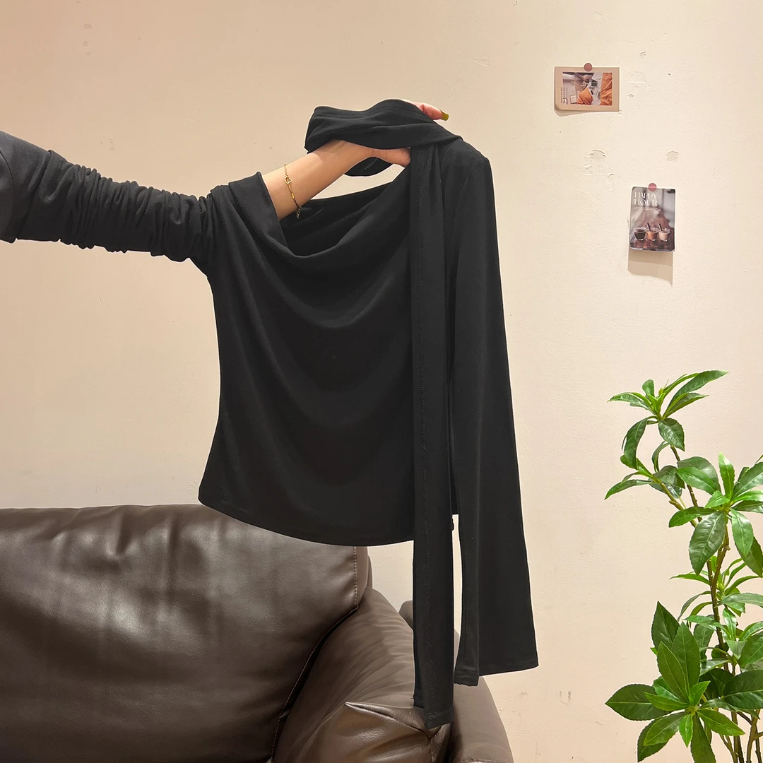 黑色一字肩荡领挂脖飘带长袖T恤女2025年夏季新款设计感露肩上衣
