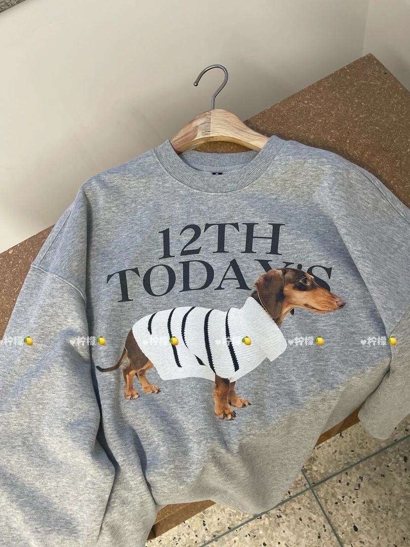 白条纹小狗  *   圆领印花慵懒风宽松百搭卫衣女装