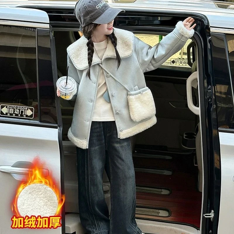 女童加绒外套秋冬款毛毛衣2025新款今年流行呢大衣儿童休闲上衣潮