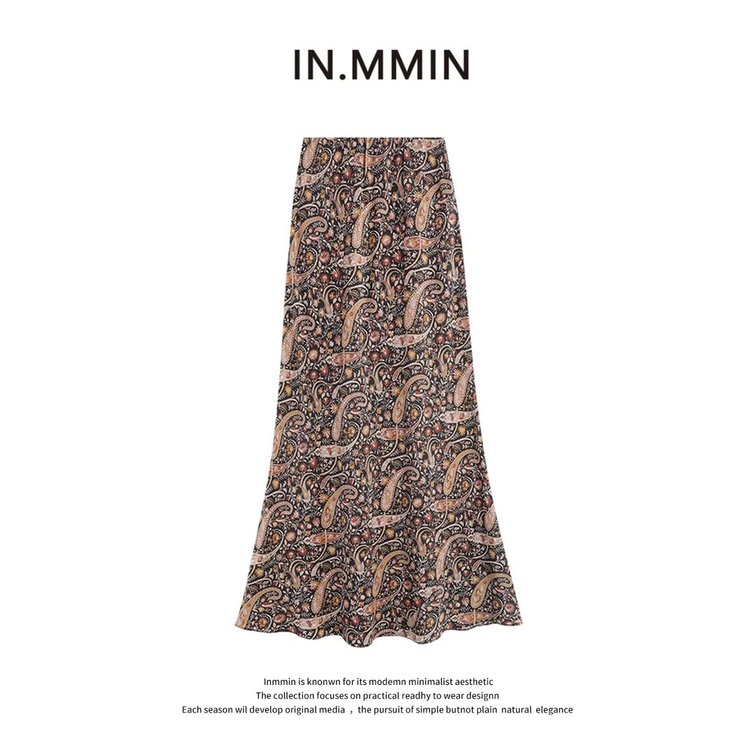 INMMIN05 亚麻复古法式印花鱼尾民族风高腰半身长裙