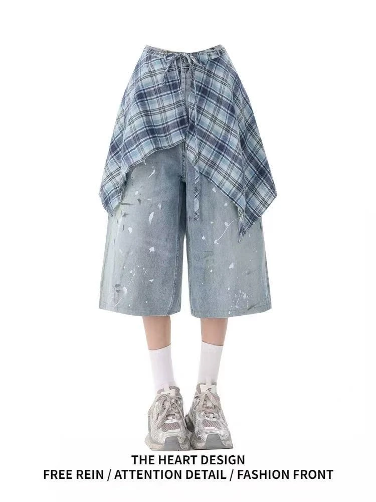 美式复古撞色格纹裙摆泼墨牛仔短裤女夏季新款宽松直筒阔腿七分裤