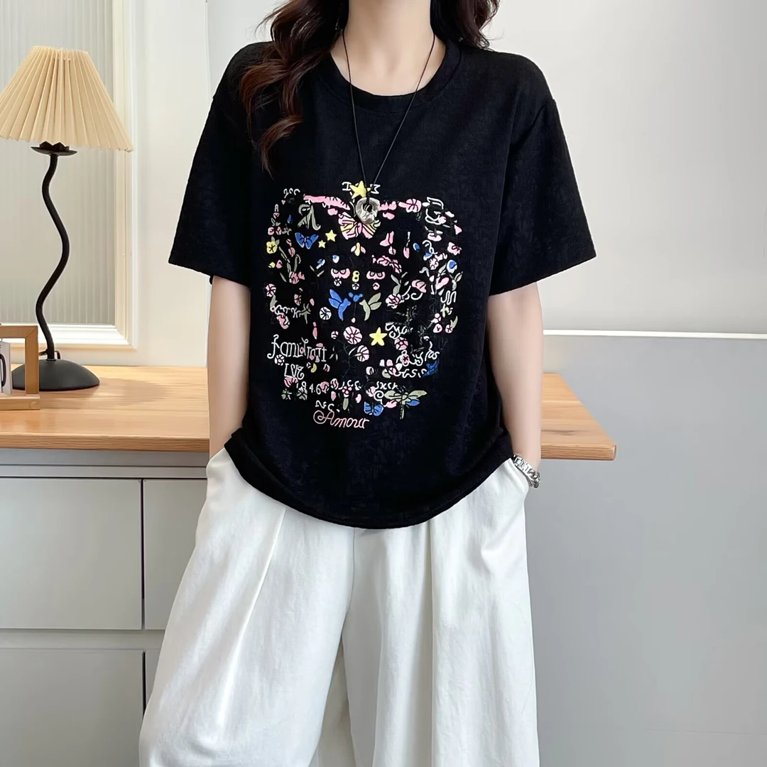 YANUJIAO/雅奴嬌设计感印花短袖T恤夏季大码胖mm宽松显瘦百搭上衣