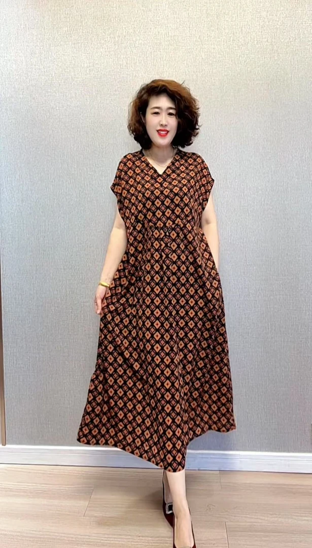 【钰女人专属】时尚优雅夏季气质复古法式V领印花连衣裙