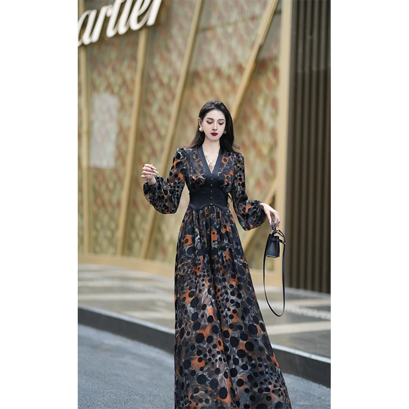 尤克菲儿“琥珀光“轻奢高定天丝拼接醋酸印花优雅气质连衣裙