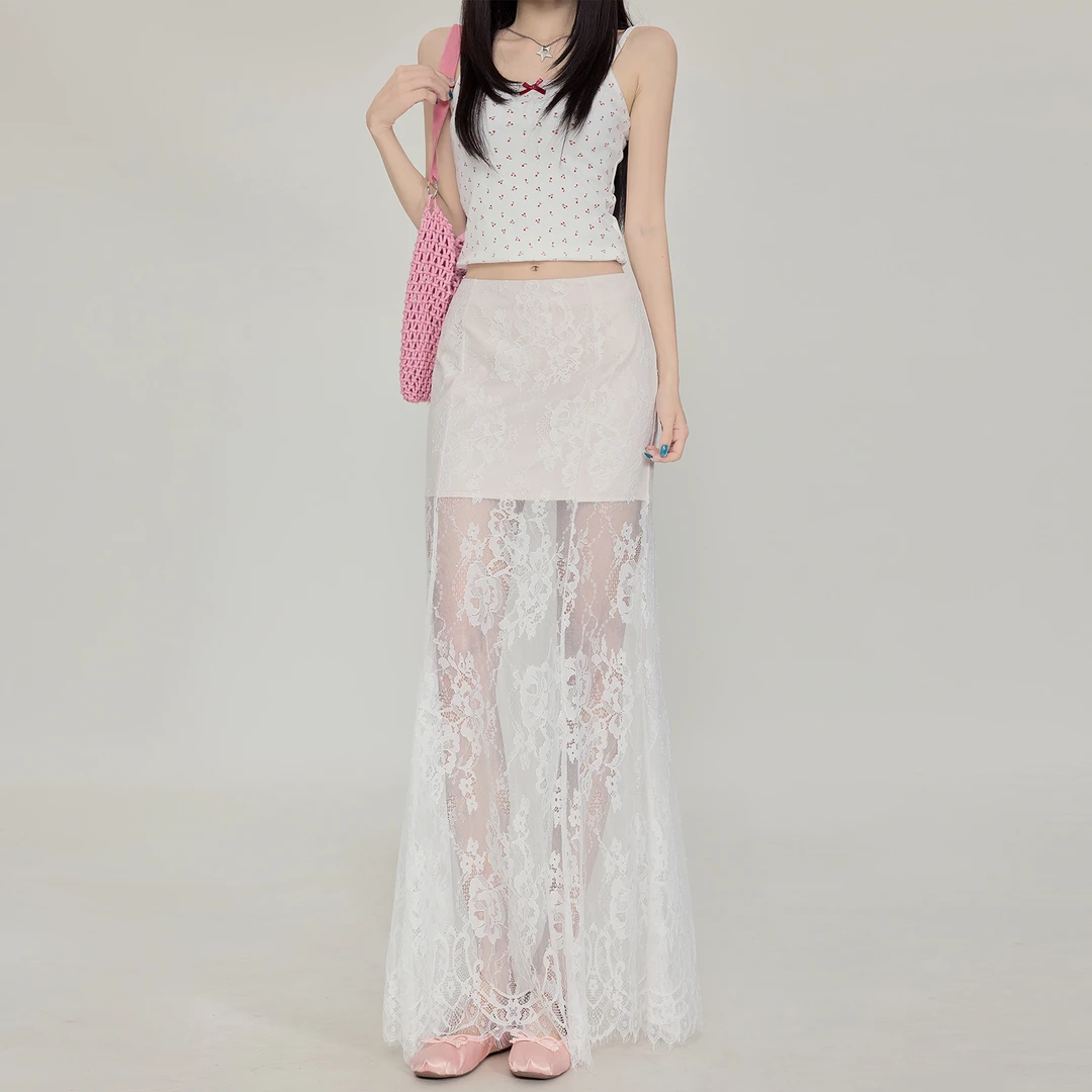 【小黄梨】纯欲白色蕾丝拼接包臀裙女性感修身显瘦A字半身长裙