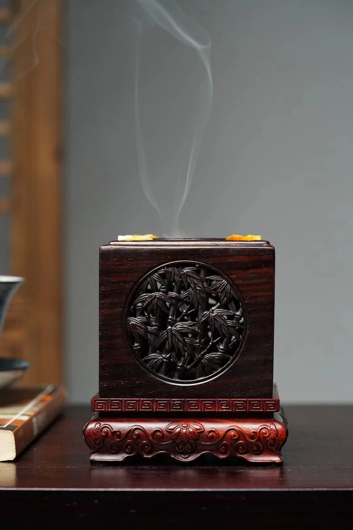 奢侈品老挝大红酸枝镶嵌百宝螭龙盘香盒熏香炉高端红木