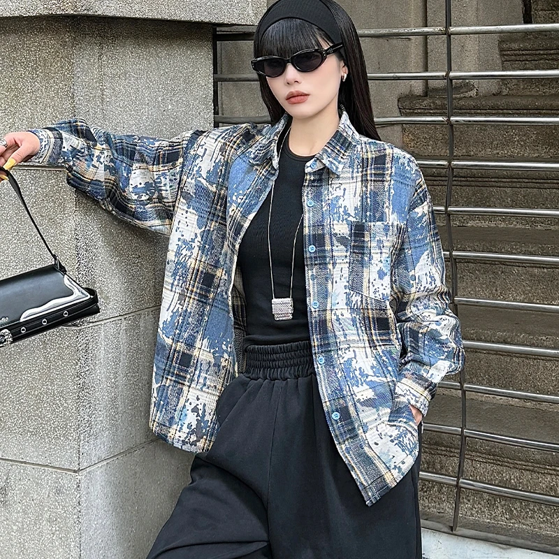 春秋季仿扎染格子衬衫女印长袖韩版百搭宽松休闲复古时尚潮流外套