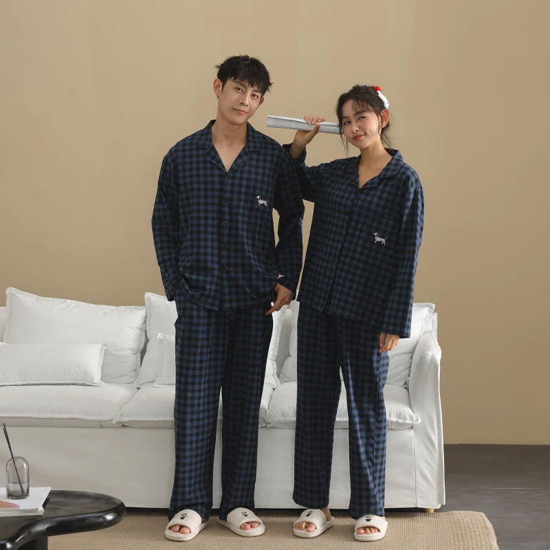【美家臣】新款情侣睡衣男女春秋季针织棉长袖开衫套装格纹家居服
