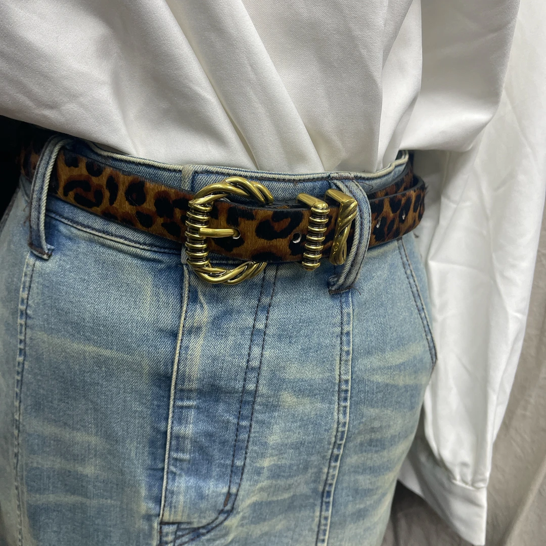 女士真皮马毛皮豹纹2..5宽百搭腰带