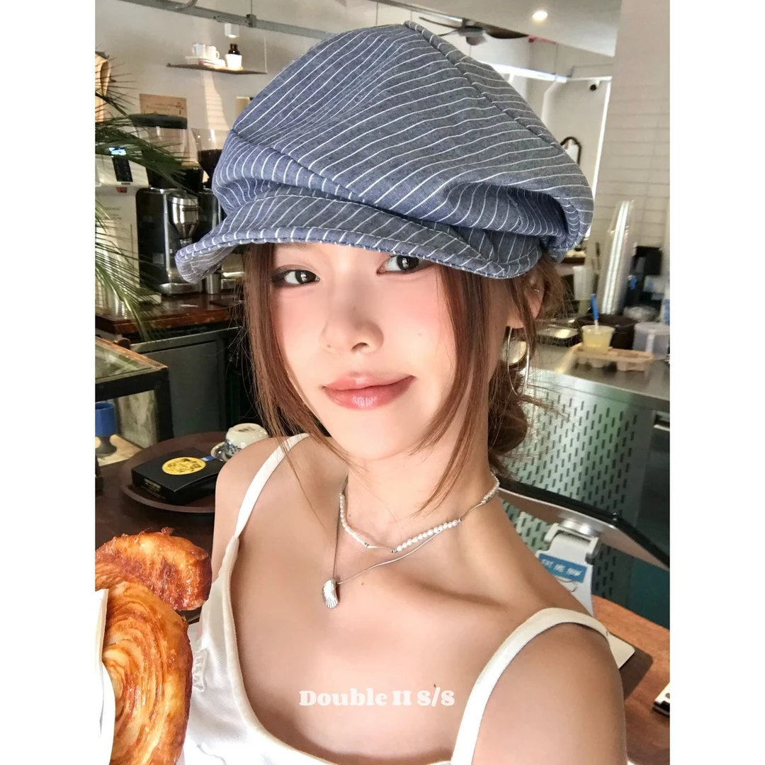 double i i 日系文艺复古条纹八角报童帽子女夏褶皱画家贝雷帽