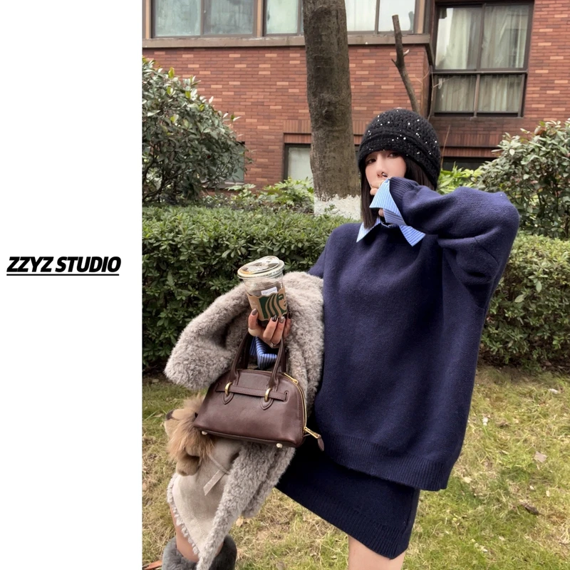2025法式复古Polo领拼接设计感毛衣+针织半身裙套装