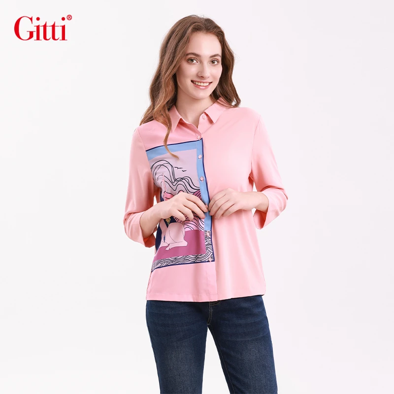吉蒂GITTI秋冬新款衬衣简约印花宽松长袖衬衫女大码上衣G255082