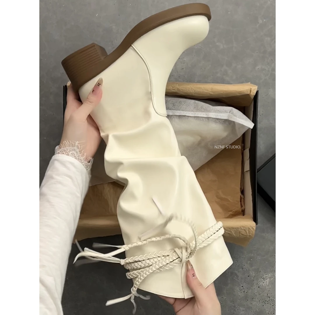 南在南方复古粗跟靴子女长筒靴2025新款秋季配裙子显瘦骑士长靴子