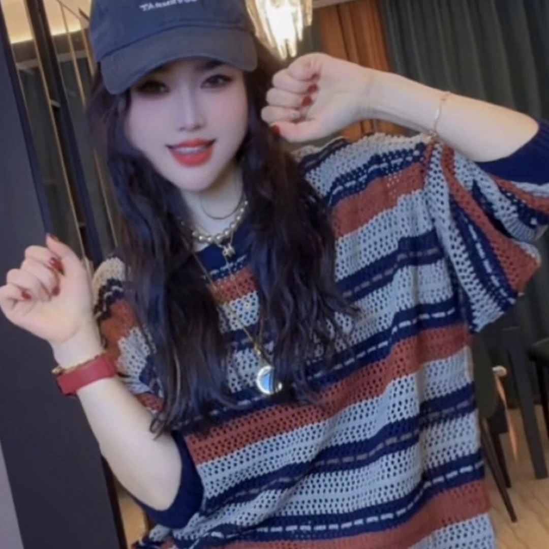 韩版时尚洋气条纹针织衫2025秋季高级感撞色百搭长袖上衣女