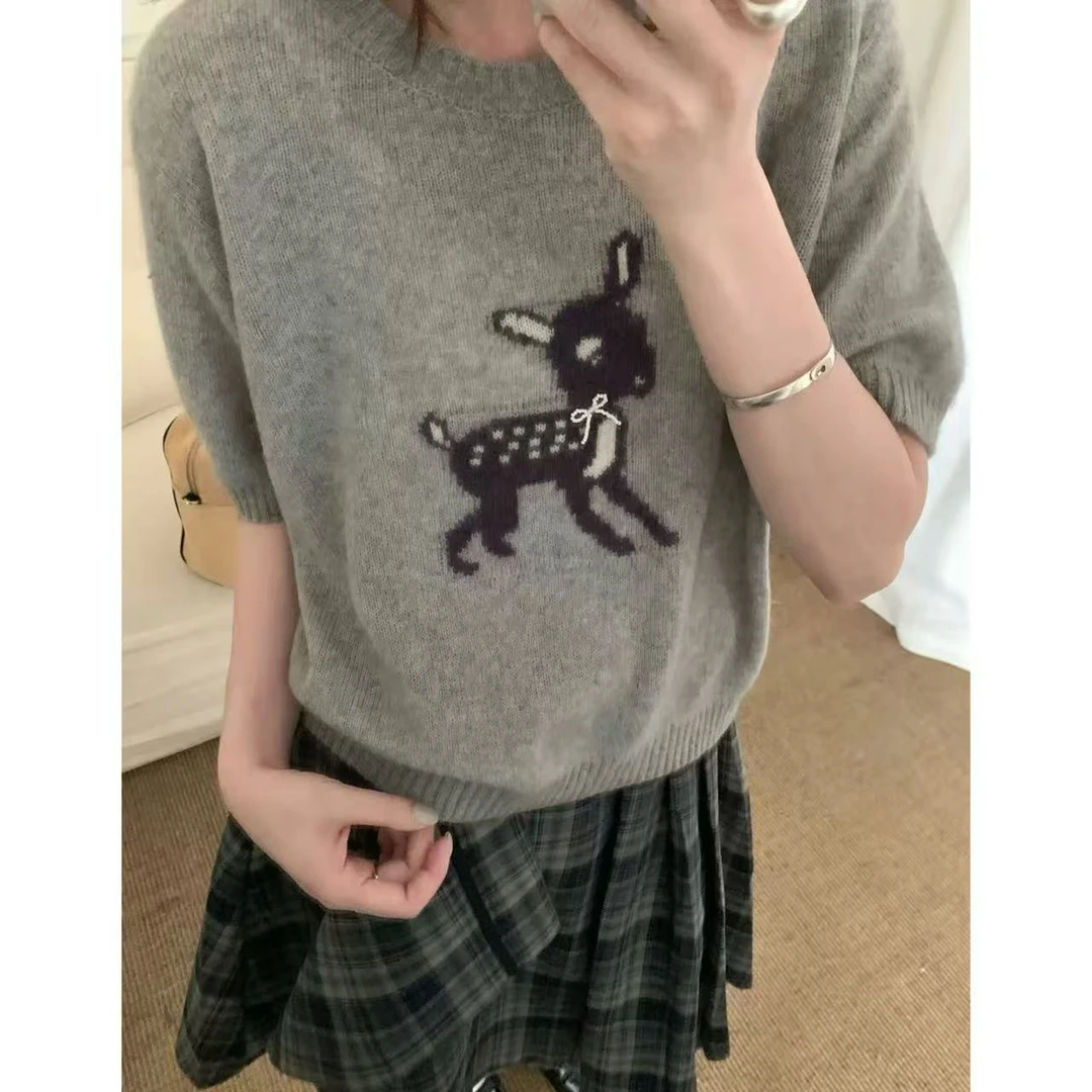 【小鹿短袖】软糯针织短袖T恤秋季新款小鹿提花上衣1885