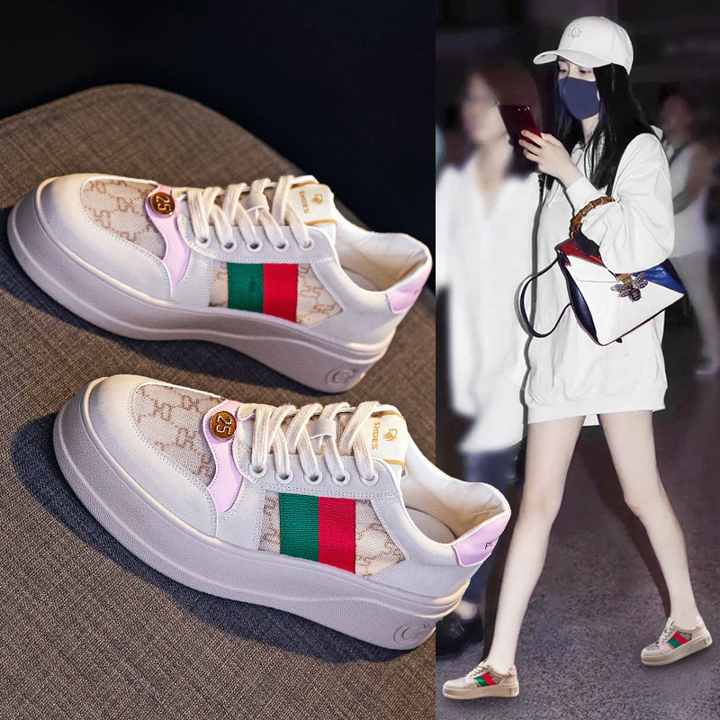 欧洲站2025春秋新款真皮厚底板鞋女网红松糕脏脏鞋欧货网面女鞋潮