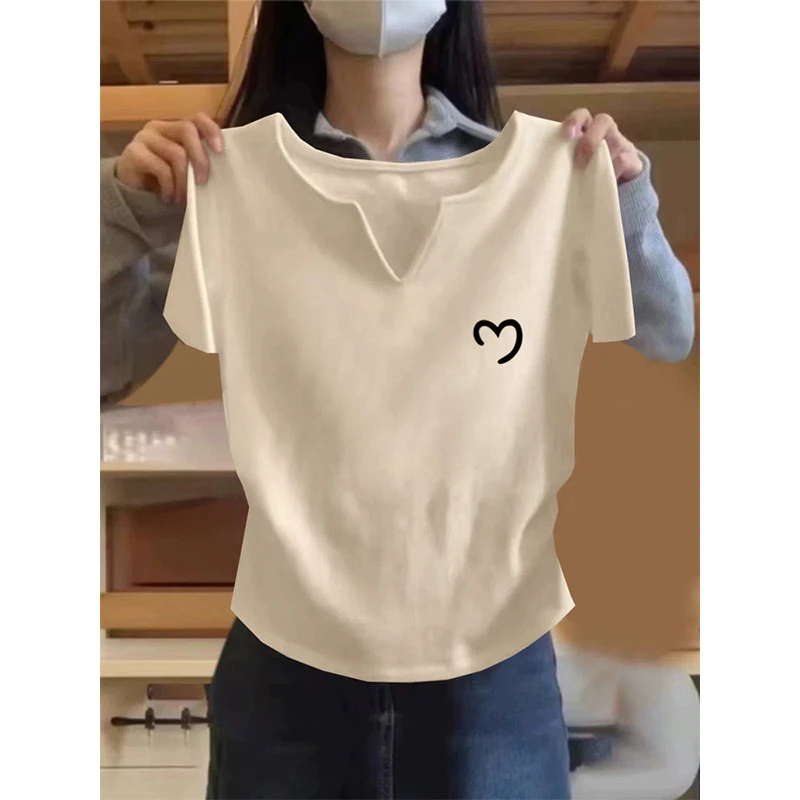 2025新款正肩V领杏色短袖t恤女美式设计感小众收腰修身上衣夏季潮