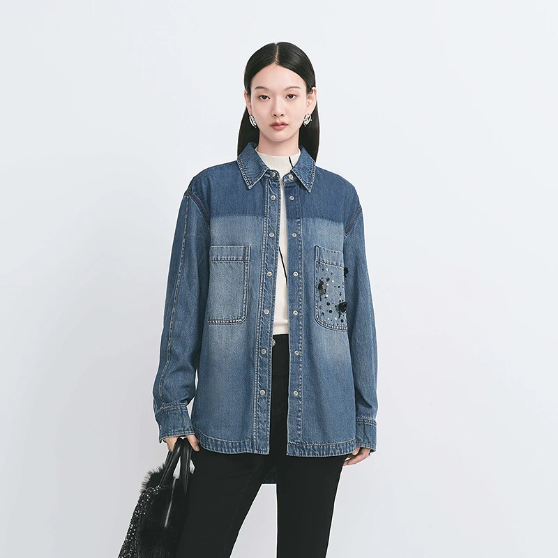 【商场同款】HPLY荷比俪冬女渐变水洗牛仔宽松衬衫HYE42630110