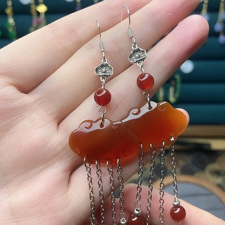 石英质玉耳钉银S925镶嵌