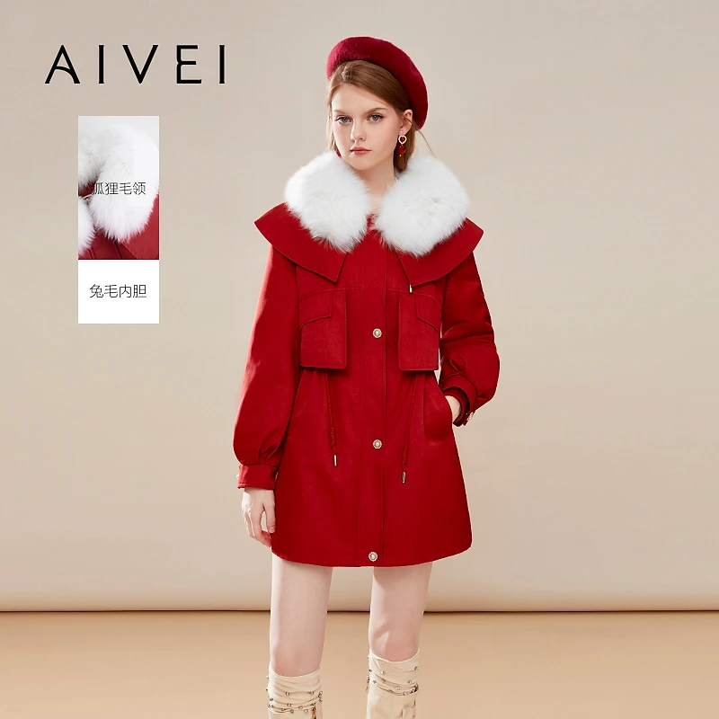 AIVE冬季新款狐狸毛领中长兔毛内胆红色派克服Q0660119