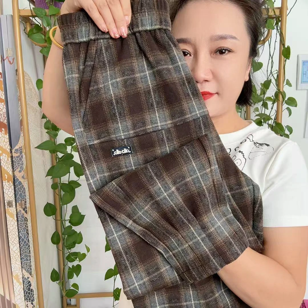 6A621高腰哈伦休闲小脚裤女款格子裤