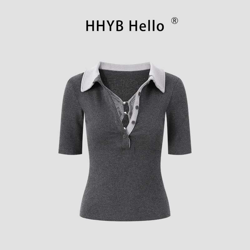 HHYB Hello2025新款假两件蕾丝拼色polo领掐腰中袖短袖女250476